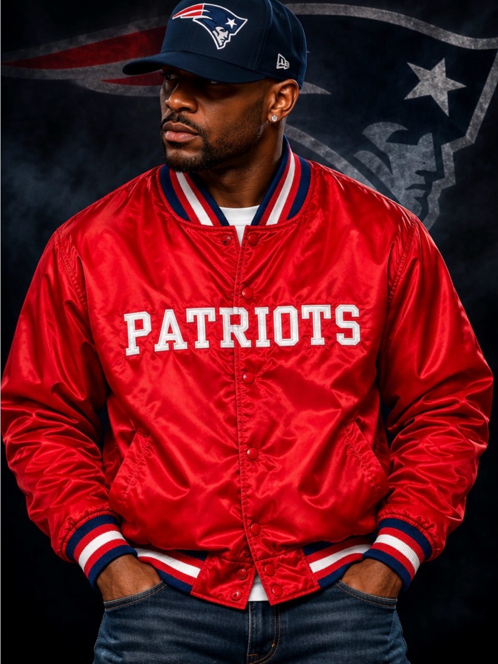 NFL Red Satin Patriots Bomber Jacket with Navy Trim